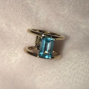 14k Solid Gold Ring Bar with Blue Topaz